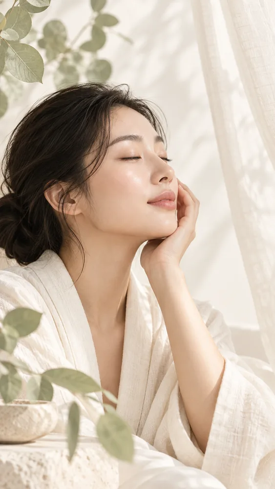 晨光中的女性肌肤护理肖像